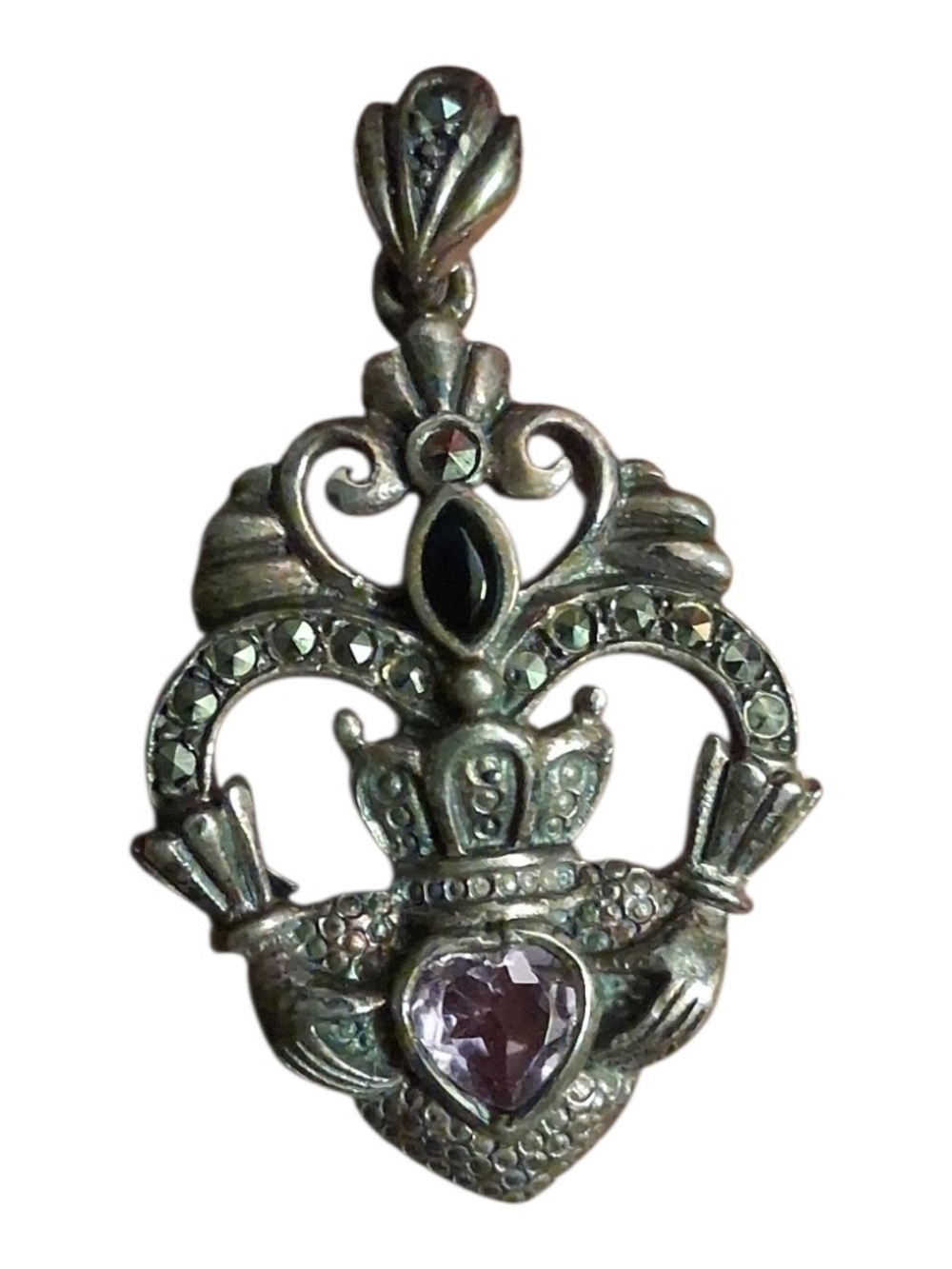 Vintage .925 Sterling Silver Heart & Crown Pendant with Pink Crystal